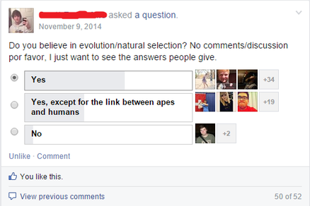 November 9, 2014. Facebook poll: Do you believe in evolution/natural selection? No comments/discussion por favor, I just want to see the answers people give. Yes: 37. Yes, except for the link between apes and humans: 22. No: 3.